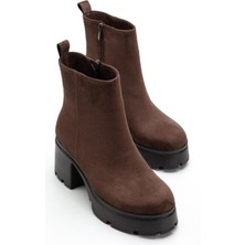 Dilimler Ayakkabı Topuklu Bot Kadın Platform Kahverengi Süet Yüzüdüz Fermuarlı