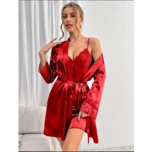 Aria's Closet Arias Closet Dantel Işlemeli Ince Askılı Kırmızı Saten 2'li Gecelik Sabahlık Takımı