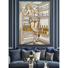 Artmeg Buzdolabında Duran Kadın Çizimi Dekoratif Kanvas - Mdf Ahşap Tablo