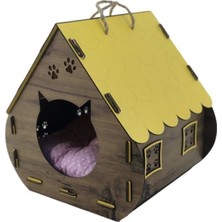 Feyza Design Ahşap Dekoratif Kedi Evi ve Yatağı Hobbit Model Sarı
