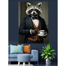 Artmeg Kahve Içen Takımelbiseli Rakun Dekoratif Kanvas - Mdf Ahşap Tablo