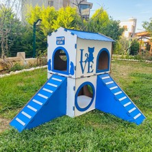 Feyza Design Büyük Mavi Beyaz Çok Katlı Kedi Evi ve Oyun Alanı