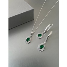 Zeta Jewel Gümüş Zümrüt Damla Taşlı Sallantılı Küpe ve Kolye Seti-Hediye Kutulu
