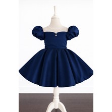 Musgem Özel Tasarım Lacivert Kısa Kol Inci Detaylı Kız Çocuk Abiye Elbise