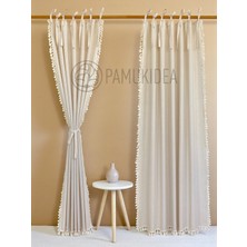 PAMUKIDEA Ip Bağcıklı Krem Ponponlu - Püsküllü %100 Pamuklu Buldan Keten Rustik Perde - Tek Kanat - (En x Boy)
