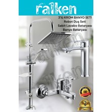 Ralken 3'lü Banyo Seti; Krom Robot Duş Seti, Banyo Bataryası ve Sabit Lavabo Bataryası - Yağmurlama Tepe Duş Takımı