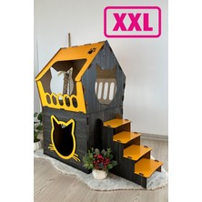 Feyza Design Büyük Ahşap Teraslı Kedi Evi, 5kg ve Üzeri Kediler Için Dekoratif Tasarım