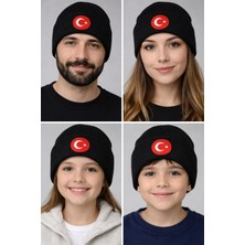Sibel Günay Butik Siyah Ayyıldız Nakışlı Çift Katlı Triko Bere | Unisex Çocuk & Yetişkin