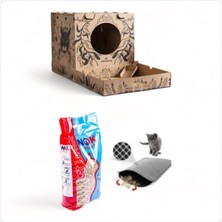 Feyza Design Kedi Tuvalet Seti 3’lü, Karton Tuvalet, 10 Lt Pelet ve Kum Paspası