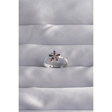 Tegan Pirinç Gümüş Renk Renkli Zirkon Taşlı Ayarlamalı Yüzük TG27BYK3270