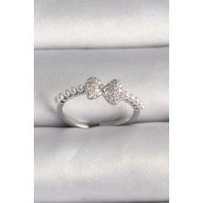 Tegan Pirinç Gümüş Renk Zirkon Taşlı Fiyonk Inci Detay Ayarlanabilir Yüzük TG27BYK3526