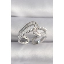 Tegan Pirinç Gümüş Renk Zirkon Taşlı Inci Detay Vıp Seri Kadın Yüzük TG27BYK3519