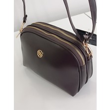 Lagül Aksesuar Kadın Çapraz Askılı 2 Bölmeli Çift Metal Fermuarlı Acı Kahve Şık Omuz Çantası