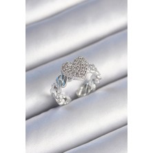 Tegan Pirinç Gümüş Renk Zincir Kordon Zirkon Taşlı Kalp Model Kadın Yüzük TG27BYK3484