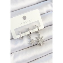 Tegan Pirinç Zirkon Taşlı Kutup Yıldızı Model Gümüş Renk 3'lü Çift Kadın Küpe Set TG27BKP10807