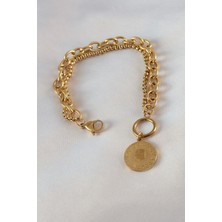 Tegan 316L Çelik Gold Renk 2'li Zincir Model Altınlı Kadın Bileklik TG27BB5452