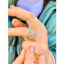 Rachel Silver Zirkon Taşlı Beş Sıralı Altın Renk Ayarlanabilir Yüzük