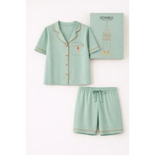 Kadın Istanbul Serisi Galata Kulesi Desenli Premium Kutulu Şortlu Pijama Takımı Yeşil