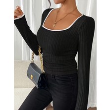 Stilvibe Kadın Siyah Kare Yaka Uzun Kollu Günlük Bluz 58 cm