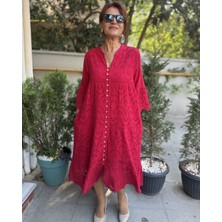 Denizege Butik Tüm Düğme Brode Elbise Kırmızı