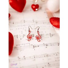 ADA 3D Sol Anahtarı Içinde Kalp Küpe Çifti - Kırmızı Renkli Müzik Temalı Romantik Tasarım Aksesuar