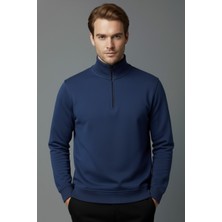 Unisex Kışlık Mavi Yarım Fermuarlı Dik Yaka 2 Iplik Basic Sweatshirt