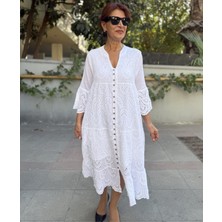 Denizege Butik Tüm Düğme Brode Elbise Beyaz