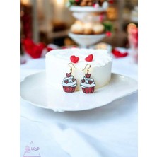 ADA 3D Kalpli Cupcake Küpe Çifti - Sevgililer Günü Temalı Işıltılı Kırmızı ve Beyaz Tasarım Aksesuar