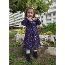 Burcumay Kışlık Kalın Çiçek Desenli Cepli Pazen Kumaş Bebe Yaka Lacivert Kız Çocuk Elbise