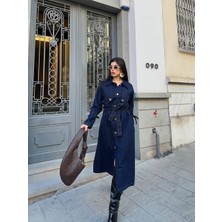 Nisa Luxury Boutique Kadın Uzun Kol Gold Düğmeli Kuşaklı Denim Trençkot/lacivert