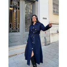 Nisa Luxury Boutique Kadın Uzun Kol Gold Düğmeli Kuşaklı Denim Trençkot/lacivert