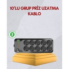 Mbb E-Ticaret 10 Prizli Uzatma Kablosu Termal Koruma USB Type-C Hızlı Şarj 2500W