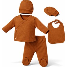 Can Baby Kahverengi Ribana Kumaş 5’li Yenidoğan Bebek Seti -Hastane Çıkışı