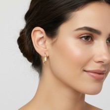 PIEDORA GOLD 14 Ayar Altın Taşlı Oval Halka Küpe | Modern Ataç Tasarım