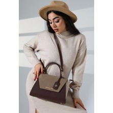 Moda Lime Kadın Kahve Krem Timsah Deri Kilit Detaylı Çanta