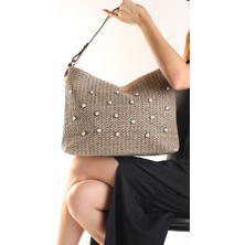 Moda Lime Kadın Açık Kahve Inci Detaylı Geniş Hacimli Şık ve Zarif Örgü Hasır Omuz Çantası