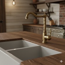 Fleko Antik Bakır Pirinç Mutfak Bataryası - Rustik Tasarım Döner Borulu Eviye Musluğu - Lüks Vintage Seri