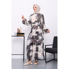 İmaj Butik Siyah Desenli Katlı Şifon Elbise
