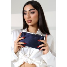 Moda Lime Lacivert Saten Metalik Zincir Askılı Kadın Portföy El ve Omuz Çantası