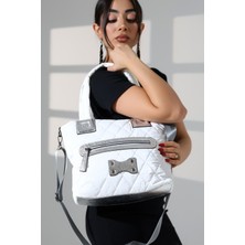 Moda Lime Beyaz Kapitone Büyük Omuz Çapraz Askılı Kadın Paraşüt Kumaş Çanta