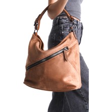 Moda Lime Kadın Taba Süet Önden Fermuarlı Kullanışlı El Omuz Çanta