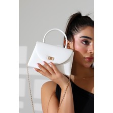 Moda Lime Kadın Mini Beyaz Gold Zincir Askılı Şık El ve Omuz Çantası
