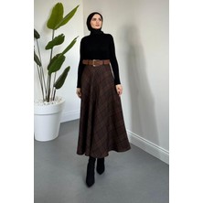 Merven Akyüz Roy Ekose Desen Kemerli Etek Kahverengi