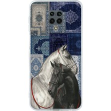 TechTree Redmi Note 9 Pro-9s Uyumlu Mavi Kilim Desenli Siyah ve Beyaz At Baskılı Silikon Kılıf