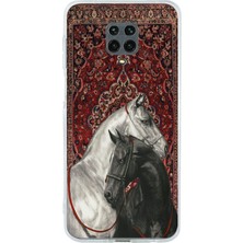 TechTree Redmi Note 9 Pro-9s Uyumlu Geleneksel Halı Motifli Siyah Beyaz At Baskılı Silikon Kılıf