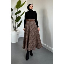 Merven Akyüz Roy Ekose Desen Kemerli Etek Sütlü Kahve