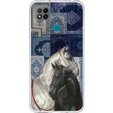 TechTree Redmi 9c / 10A Uyumlu Mavi Kilim Desenli Siyah ve Beyaz At Baskılı Silikon Kılıf