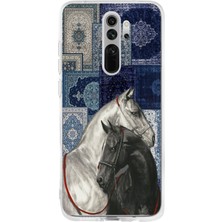 TechTree Redmi Note 8 Uyumlu Mavi Kilim Desenli Siyah ve Beyaz At Baskılı Silikon Kılıf