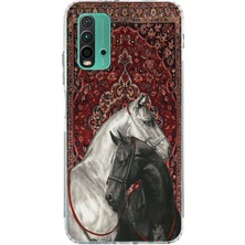 TechTree Redmi 9t-Poco M3 Uyumlu Geleneksel Halı Motifli Siyah Beyaz At Baskılı Silikon Kılıf
