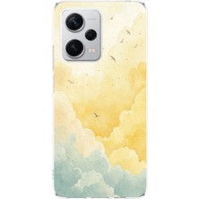 TechTree Redmi Note 12 Pro Plus Uyumlu Sarı ve Yeşil Tonlu Bulut ve Kuşlar Baskılı Silikon Kılıf